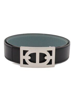 Hermes Chaine D'Ancre Reversible Belt Leather Black Blue Gray Silver 80